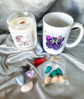 Pisces zodiac candle gift box with mug, tumbled stones and incense cones.